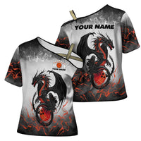 Custom Black Dragon Bowling Cross Shoulder Shirt with Fiery Ball and Thunderstorm Lightning Pattern - Wonder Print Shop