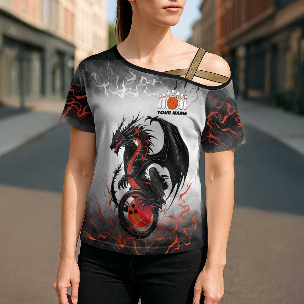 Custom Black Dragon Bowling Cross Shoulder Shirt with Fiery Ball and Thunderstorm Lightning Pattern - Wonder Print Shop