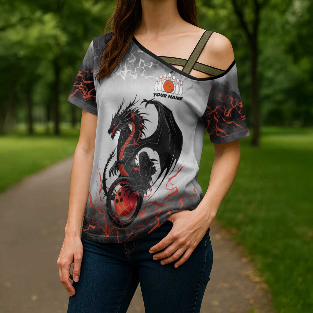 Custom Black Dragon Bowling Cross Shoulder Shirt with Fiery Ball and Thunderstorm Lightning Pattern - Wonder Print Shop