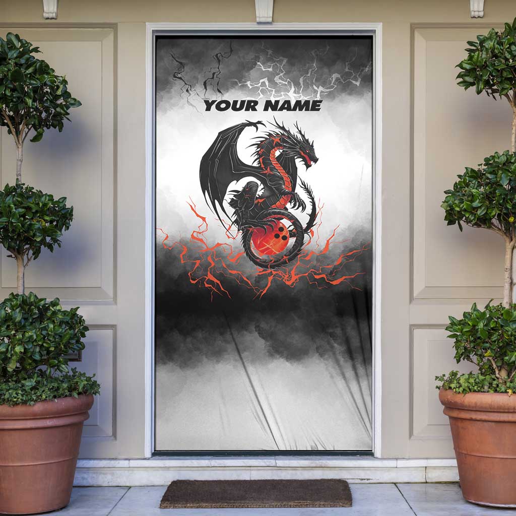 Custom Black Dragon Bowling Door Cover with Fiery Ball and Thunderstorm Lightning Pattern - Wonder Print Shop