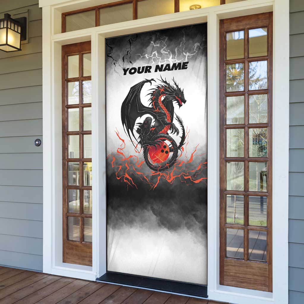 Custom Black Dragon Bowling Door Cover with Fiery Ball and Thunderstorm Lightning Pattern - Wonder Print Shop