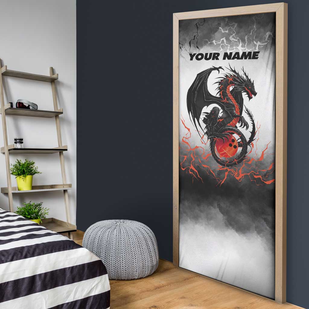 Custom Black Dragon Bowling Door Cover with Fiery Ball and Thunderstorm Lightning Pattern - Wonder Print Shop