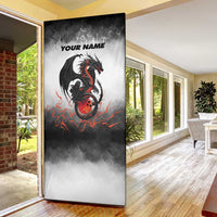 Custom Black Dragon Bowling Door Cover with Fiery Ball and Thunderstorm Lightning Pattern - Wonder Print Shop