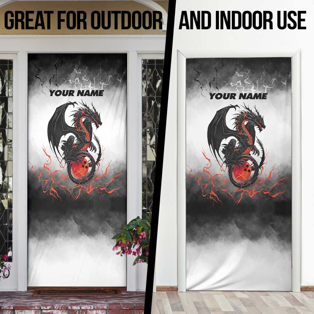 Custom Black Dragon Bowling Door Cover with Fiery Ball and Thunderstorm Lightning Pattern - Wonder Print Shop