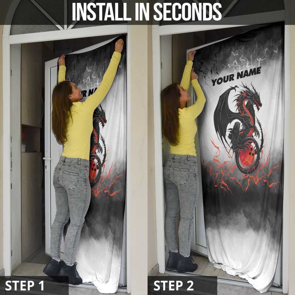 Custom Black Dragon Bowling Door Cover with Fiery Ball and Thunderstorm Lightning Pattern - Wonder Print Shop