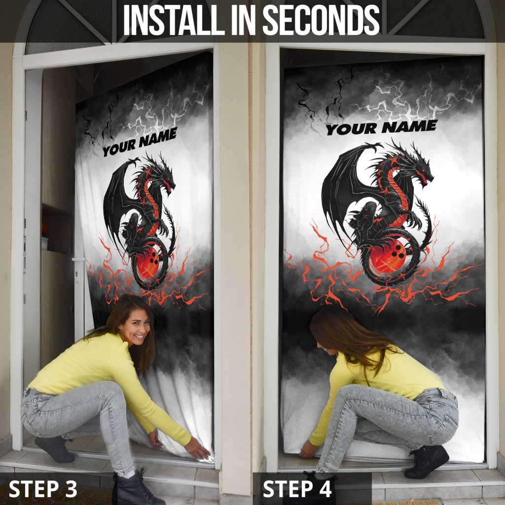 Custom Black Dragon Bowling Door Cover with Fiery Ball and Thunderstorm Lightning Pattern - Wonder Print Shop
