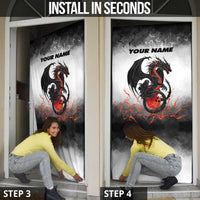 Custom Black Dragon Bowling Door Cover with Fiery Ball and Thunderstorm Lightning Pattern - Wonder Print Shop