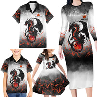 Custom Black Dragon Bowling Family Matching Long Sleeve Bodycon Dress and Hawaiian Shirt with Fiery Ball and Thunderstorm Lightning Pattern - Wonder Print Shop