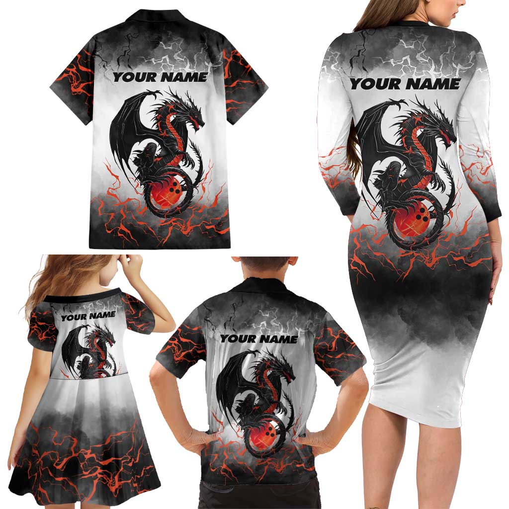 Custom Black Dragon Bowling Family Matching Long Sleeve Bodycon Dress and Hawaiian Shirt with Fiery Ball and Thunderstorm Lightning Pattern - Wonder Print Shop