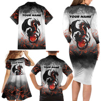 Custom Black Dragon Bowling Family Matching Long Sleeve Bodycon Dress and Hawaiian Shirt with Fiery Ball and Thunderstorm Lightning Pattern - Wonder Print Shop