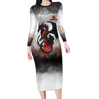 Custom Black Dragon Bowling Family Matching Long Sleeve Bodycon Dress and Hawaiian Shirt with Fiery Ball and Thunderstorm Lightning Pattern - Wonder Print Shop