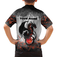 Custom Black Dragon Bowling Family Matching Mermaid Dress and Hawaiian Shirt with Fiery Ball and Thunderstorm Lightning Pattern - Wonder Print Shop