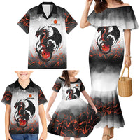 Custom Black Dragon Bowling Family Matching Mermaid Dress and Hawaiian Shirt with Fiery Ball and Thunderstorm Lightning Pattern - Wonder Print Shop