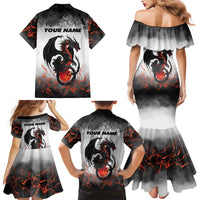 Custom Black Dragon Bowling Family Matching Mermaid Dress and Hawaiian Shirt with Fiery Ball and Thunderstorm Lightning Pattern - Wonder Print Shop