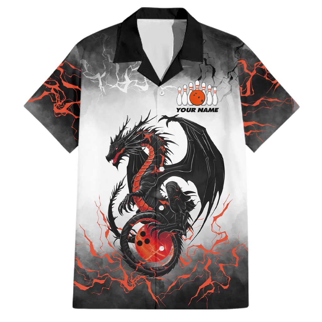 Custom Black Dragon Bowling Family Matching Mermaid Dress and Hawaiian Shirt with Fiery Ball and Thunderstorm Lightning Pattern - Wonder Print Shop