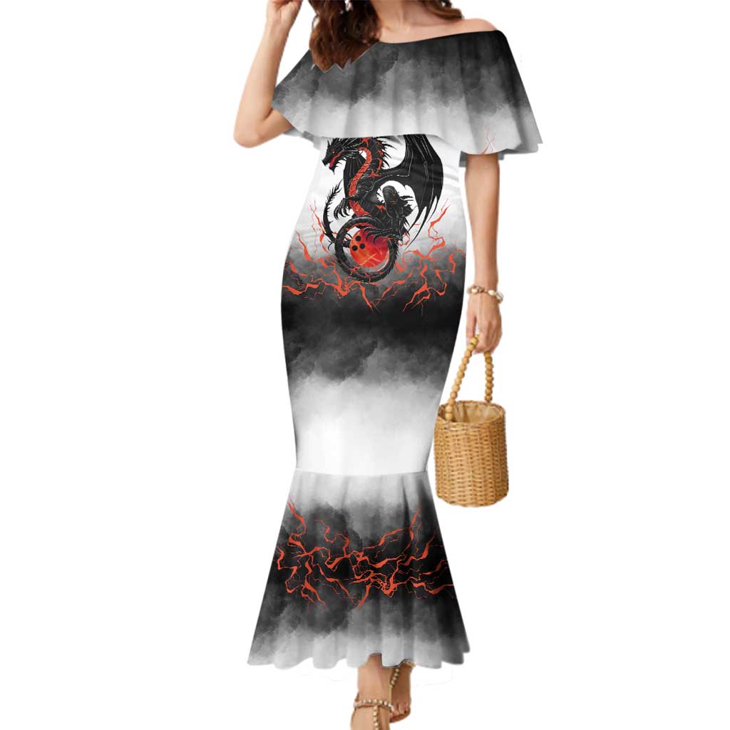 Custom Black Dragon Bowling Family Matching Mermaid Dress and Hawaiian Shirt with Fiery Ball and Thunderstorm Lightning Pattern - Wonder Print Shop