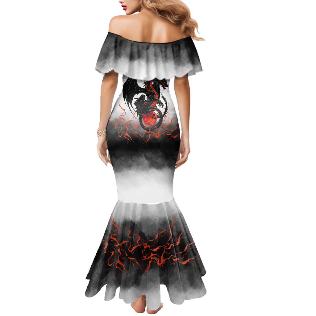 Custom Black Dragon Bowling Family Matching Mermaid Dress and Hawaiian Shirt with Fiery Ball and Thunderstorm Lightning Pattern - Wonder Print Shop