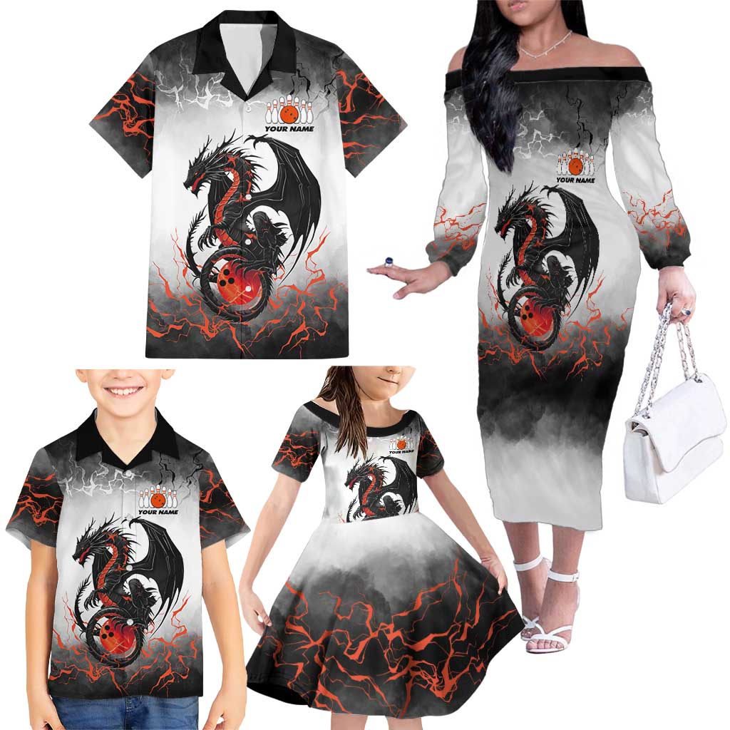 Custom Black Dragon Bowling Family Matching Off The Shoulder Long Sleeve Dress and Hawaiian Shirt with Fiery Ball and Thunderstorm Lightning Pattern - Wonder Print Shop