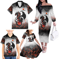 Custom Black Dragon Bowling Family Matching Off The Shoulder Long Sleeve Dress and Hawaiian Shirt with Fiery Ball and Thunderstorm Lightning Pattern - Wonder Print Shop