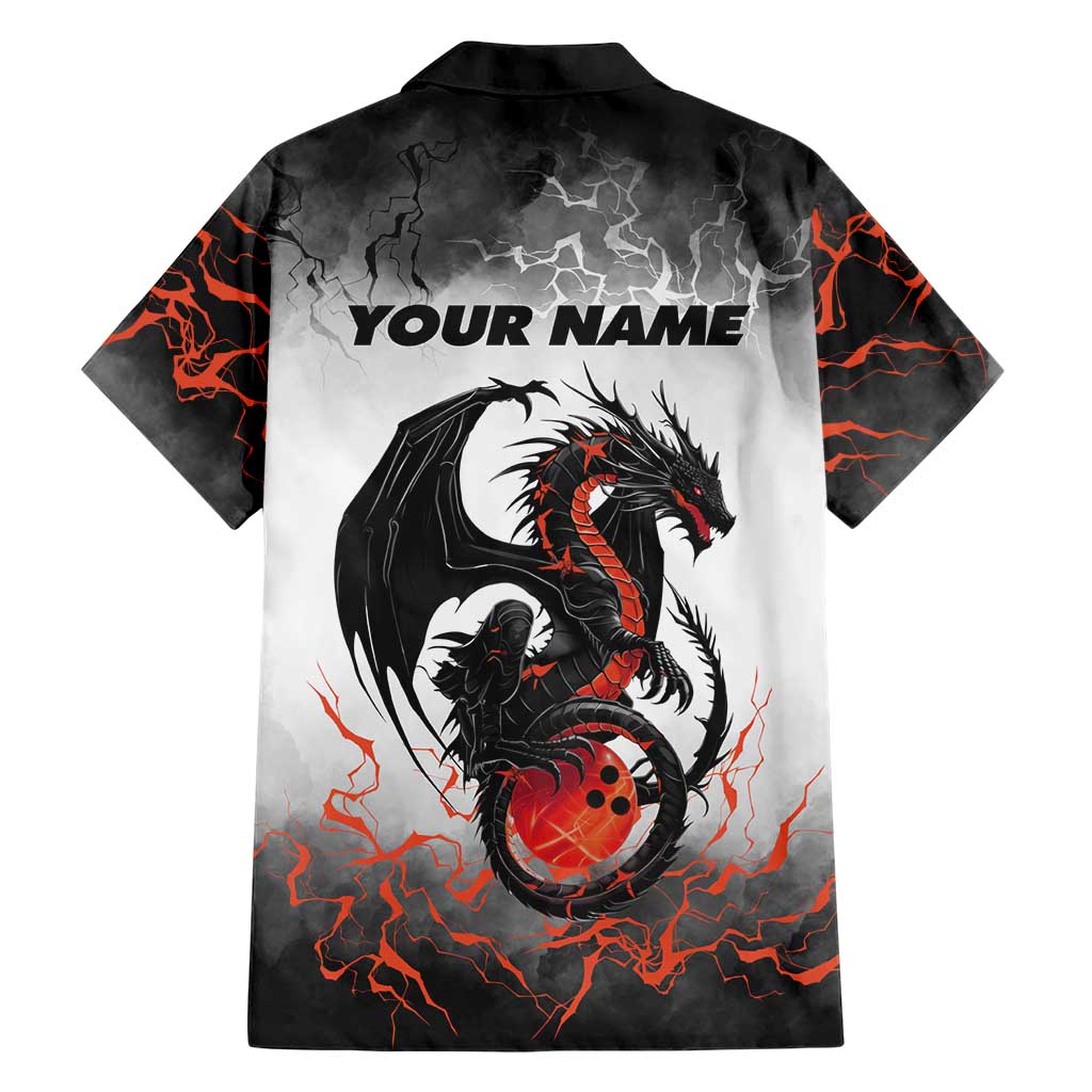 Custom Black Dragon Bowling Family Matching Off The Shoulder Long Sleeve Dress and Hawaiian Shirt with Fiery Ball and Thunderstorm Lightning Pattern - Wonder Print Shop