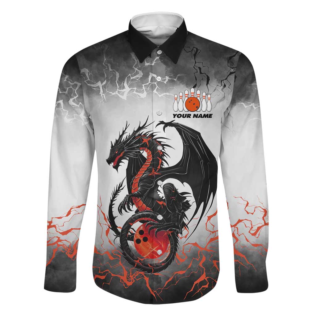 Custom Black Dragon Bowling Family Matching Off The Shoulder Long Sleeve Dress and Hawaiian Shirt with Fiery Ball and Thunderstorm Lightning Pattern - Wonder Print Shop