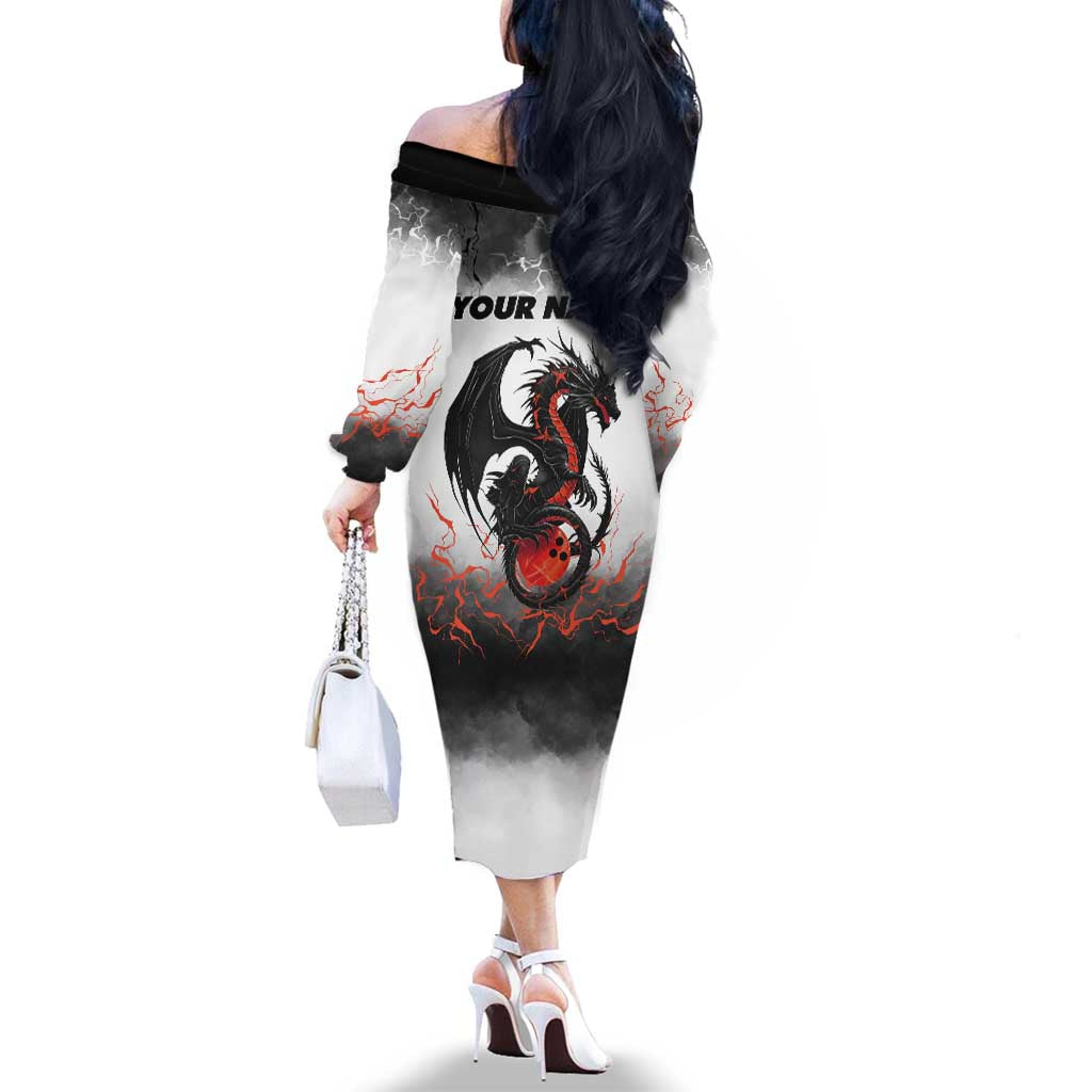 Custom Black Dragon Bowling Family Matching Off The Shoulder Long Sleeve Dress and Hawaiian Shirt with Fiery Ball and Thunderstorm Lightning Pattern - Wonder Print Shop