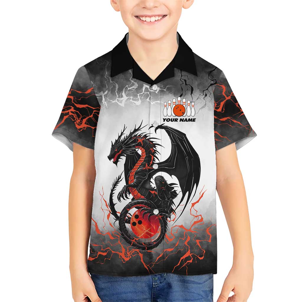 Custom Black Dragon Bowling Family Matching Off The Shoulder Long Sleeve Dress and Hawaiian Shirt with Fiery Ball and Thunderstorm Lightning Pattern - Wonder Print Shop