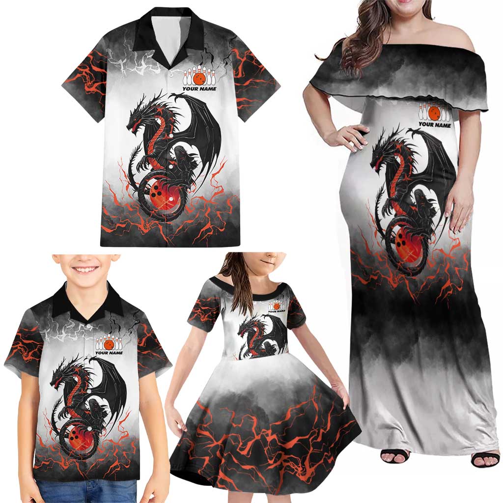 Custom Black Dragon Bowling Family Matching Off Shoulder Maxi Dress and Hawaiian Shirt with Fiery Ball and Thunderstorm Lightning Pattern - Wonder Print Shop