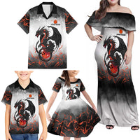 Custom Black Dragon Bowling Family Matching Off Shoulder Maxi Dress and Hawaiian Shirt with Fiery Ball and Thunderstorm Lightning Pattern - Wonder Print Shop