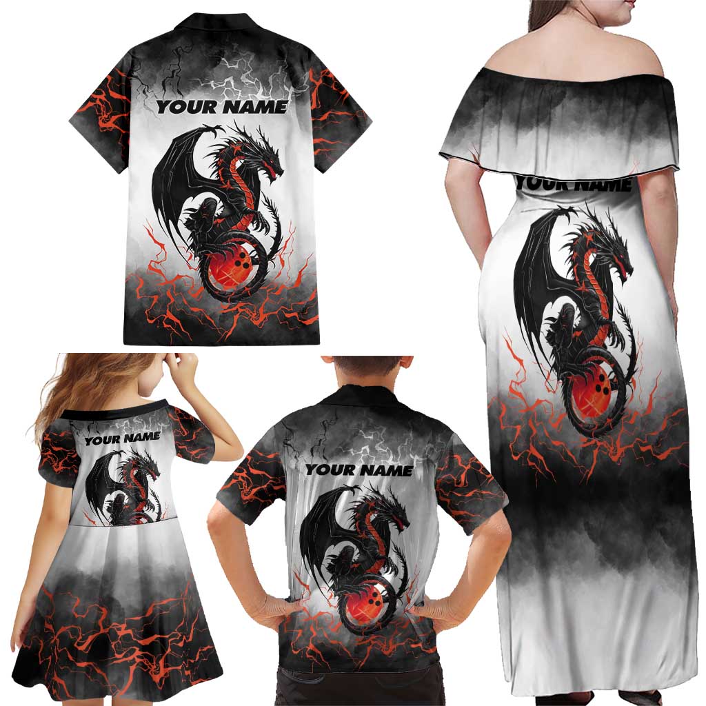 Custom Black Dragon Bowling Family Matching Off Shoulder Maxi Dress and Hawaiian Shirt with Fiery Ball and Thunderstorm Lightning Pattern - Wonder Print Shop