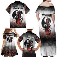 Custom Black Dragon Bowling Family Matching Off Shoulder Maxi Dress and Hawaiian Shirt with Fiery Ball and Thunderstorm Lightning Pattern - Wonder Print Shop
