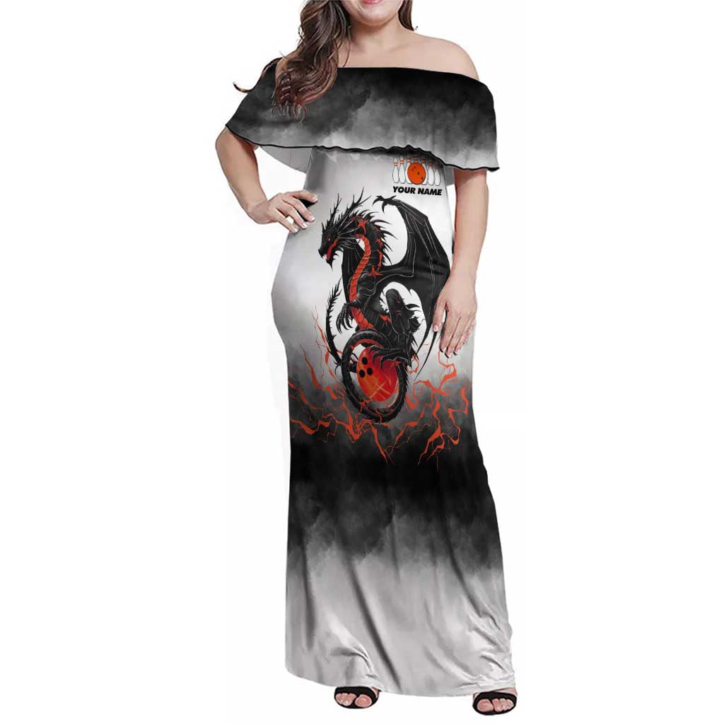 Custom Black Dragon Bowling Family Matching Off Shoulder Maxi Dress and Hawaiian Shirt with Fiery Ball and Thunderstorm Lightning Pattern - Wonder Print Shop