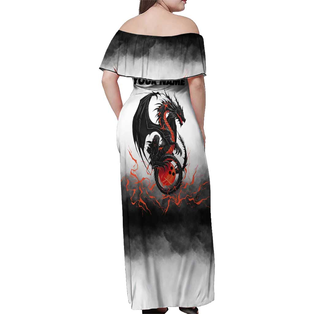 Custom Black Dragon Bowling Family Matching Off Shoulder Maxi Dress and Hawaiian Shirt with Fiery Ball and Thunderstorm Lightning Pattern - Wonder Print Shop