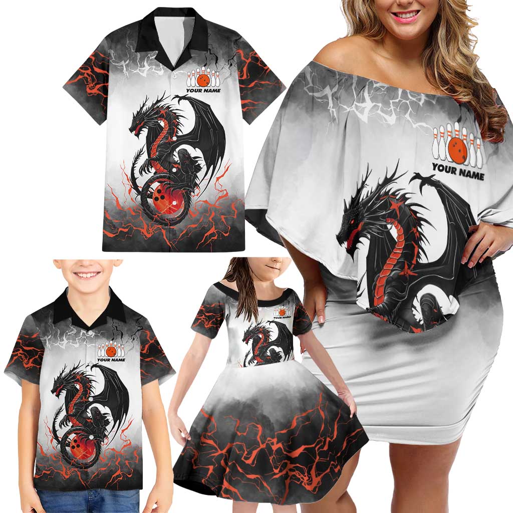Custom Black Dragon Bowling Family Matching Off Shoulder Short Dress and Hawaiian Shirt with Fiery Ball and Thunderstorm Lightning Pattern - Wonder Print Shop