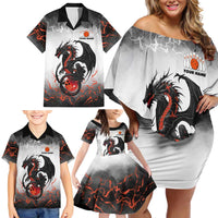 Custom Black Dragon Bowling Family Matching Off Shoulder Short Dress and Hawaiian Shirt with Fiery Ball and Thunderstorm Lightning Pattern - Wonder Print Shop