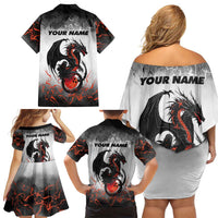 Custom Black Dragon Bowling Family Matching Off Shoulder Short Dress and Hawaiian Shirt with Fiery Ball and Thunderstorm Lightning Pattern - Wonder Print Shop