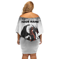 Custom Black Dragon Bowling Family Matching Off Shoulder Short Dress and Hawaiian Shirt with Fiery Ball and Thunderstorm Lightning Pattern - Wonder Print Shop