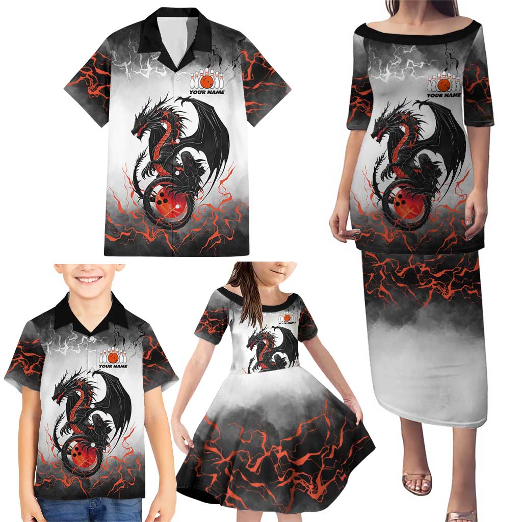 Custom Black Dragon Bowling Family Matching Puletasi and Hawaiian Shirt with Fiery Ball and Thunderstorm Lightning Pattern - Wonder Print Shop