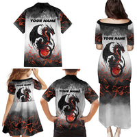 Custom Black Dragon Bowling Family Matching Puletasi and Hawaiian Shirt with Fiery Ball and Thunderstorm Lightning Pattern - Wonder Print Shop
