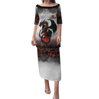 Custom Black Dragon Bowling Family Matching Puletasi and Hawaiian Shirt with Fiery Ball and Thunderstorm Lightning Pattern - Wonder Print Shop