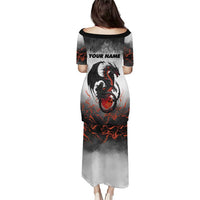 Custom Black Dragon Bowling Family Matching Puletasi and Hawaiian Shirt with Fiery Ball and Thunderstorm Lightning Pattern - Wonder Print Shop