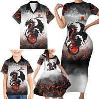 Custom Black Dragon Bowling Family Matching Short Sleeve Bodycon Dress and Hawaiian Shirt with Fiery Ball and Thunderstorm Lightning Pattern - Wonder Print Shop