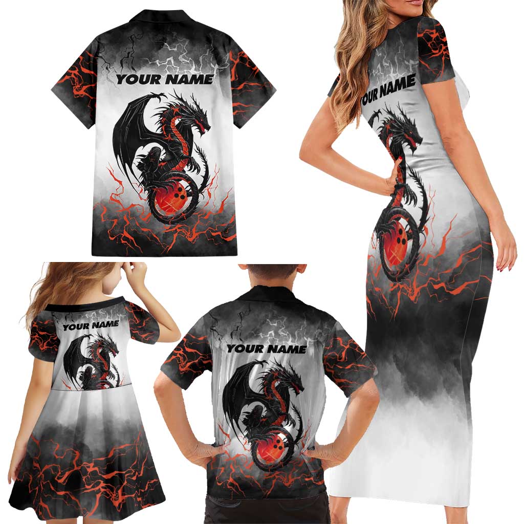Custom Black Dragon Bowling Family Matching Short Sleeve Bodycon Dress and Hawaiian Shirt with Fiery Ball and Thunderstorm Lightning Pattern - Wonder Print Shop