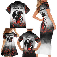 Custom Black Dragon Bowling Family Matching Short Sleeve Bodycon Dress and Hawaiian Shirt with Fiery Ball and Thunderstorm Lightning Pattern - Wonder Print Shop