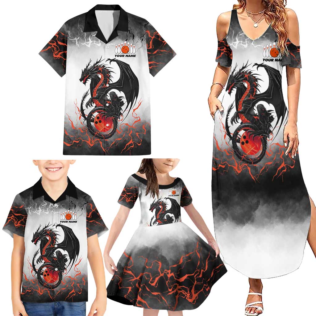 Custom Black Dragon Bowling Family Matching Summer Maxi Dress and Hawaiian Shirt with Fiery Ball and Thunderstorm Lightning Pattern - Wonder Print Shop