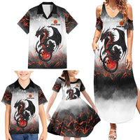 Custom Black Dragon Bowling Family Matching Summer Maxi Dress and Hawaiian Shirt with Fiery Ball and Thunderstorm Lightning Pattern - Wonder Print Shop