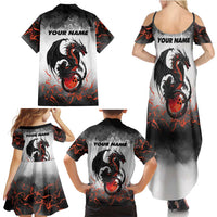 Custom Black Dragon Bowling Family Matching Summer Maxi Dress and Hawaiian Shirt with Fiery Ball and Thunderstorm Lightning Pattern - Wonder Print Shop