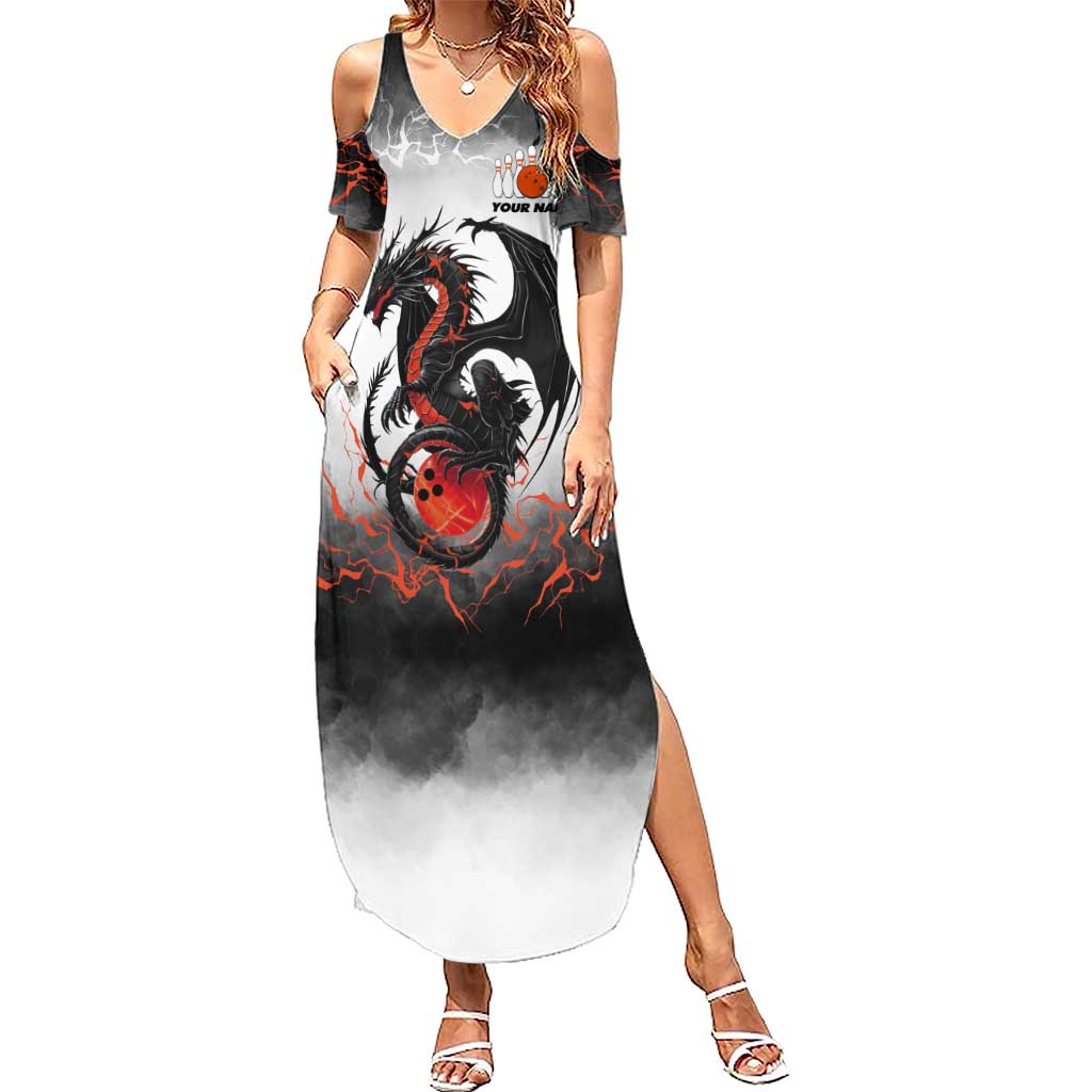 Custom Black Dragon Bowling Family Matching Summer Maxi Dress and Hawaiian Shirt with Fiery Ball and Thunderstorm Lightning Pattern - Wonder Print Shop