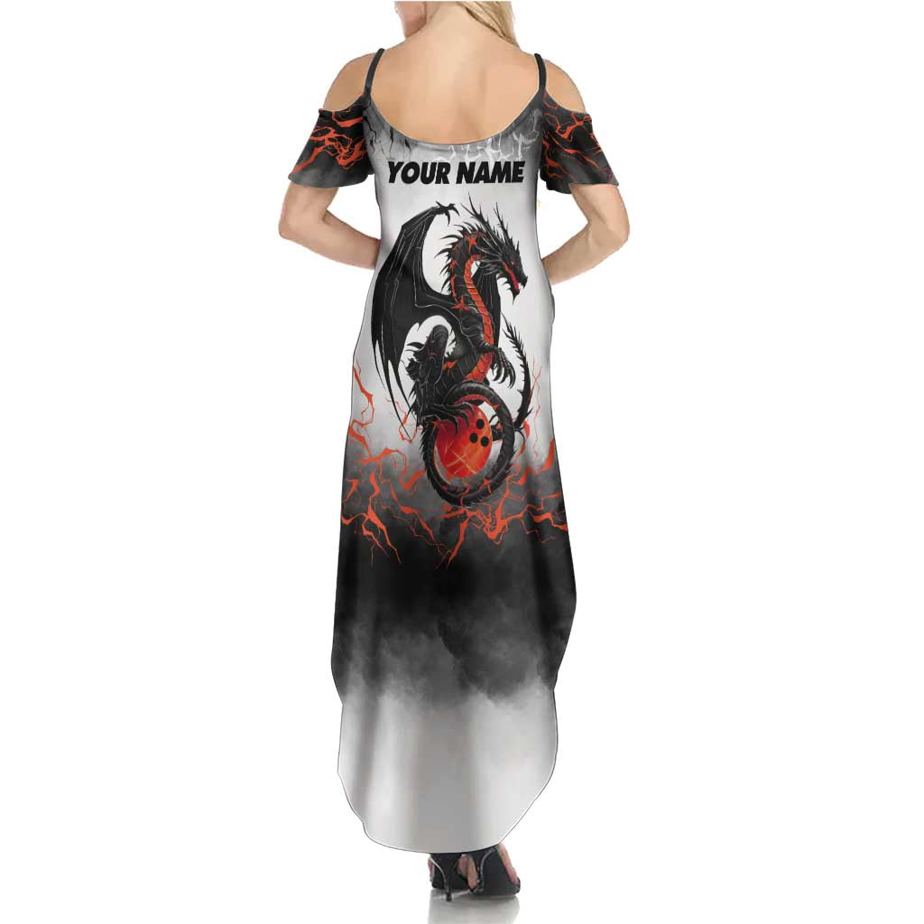 Custom Black Dragon Bowling Family Matching Summer Maxi Dress and Hawaiian Shirt with Fiery Ball and Thunderstorm Lightning Pattern - Wonder Print Shop
