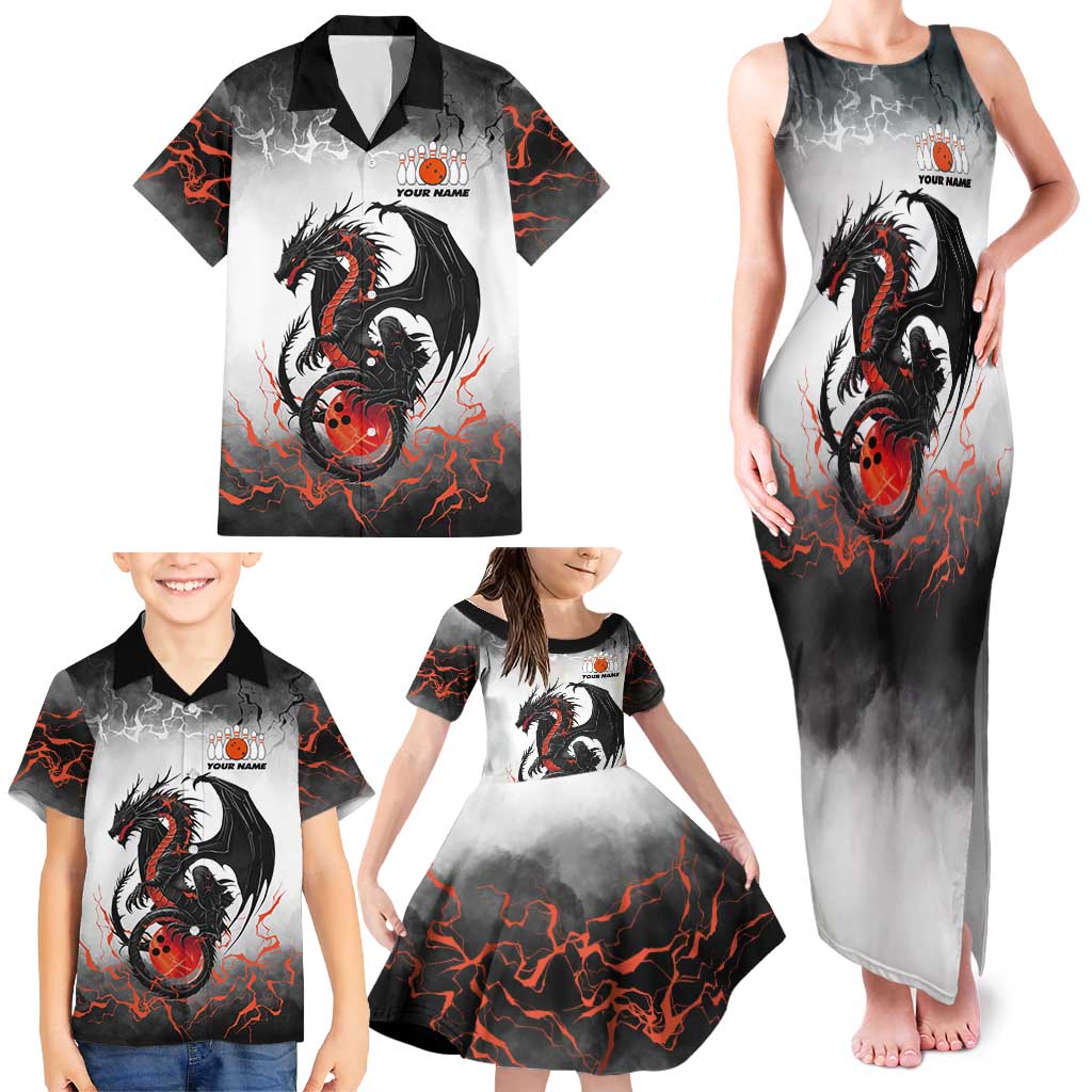 Custom Black Dragon Bowling Family Matching Tank Maxi Dress and Hawaiian Shirt with Fiery Ball and Thunderstorm Lightning Pattern - Wonder Print Shop